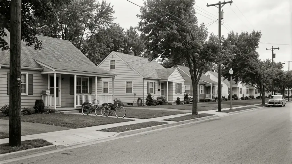 A row of postwar suburban houses on a quiet residential street. The sidewalks are empty. Bicycles lean against a porch railing. Afternoon light falls across the lawns.