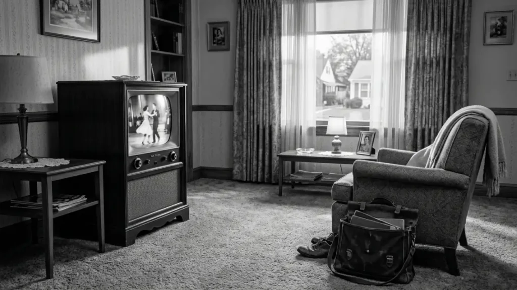 A carpeted living room with a wooden console television set turned on, showing blurred dancing figures. A school bag rests near an armchair. Late afternoon light comes through a curtained window.