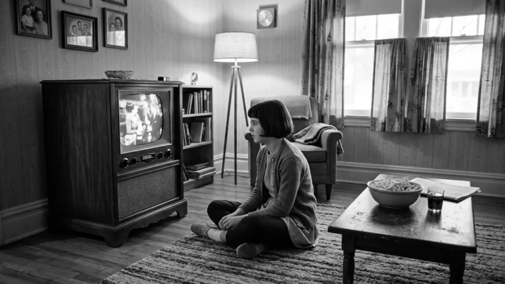  A teenage girl sits on the floor close to a wooden television cabinet in a living room. The screen shows figures moving. Afternoon light comes through half-drawn curtains. A bowl of snacks sits on the coffee table.