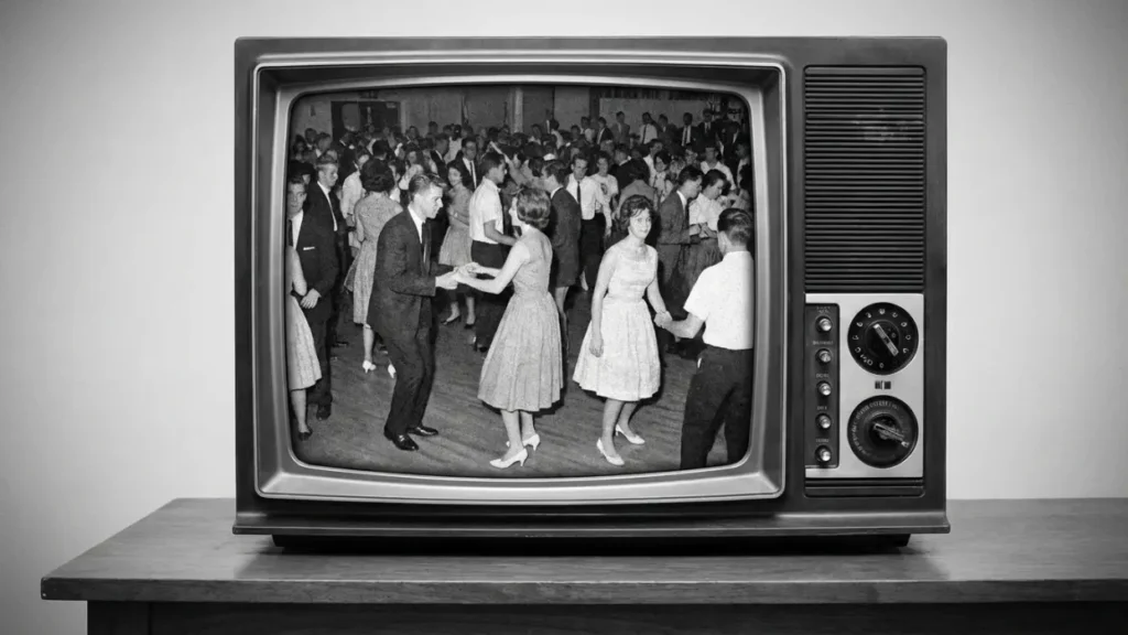 A black-and-white television showing teenagers dancing fades into a modern scene of a person looking at a screen, symbolizing the continuity of youth culture across generations.