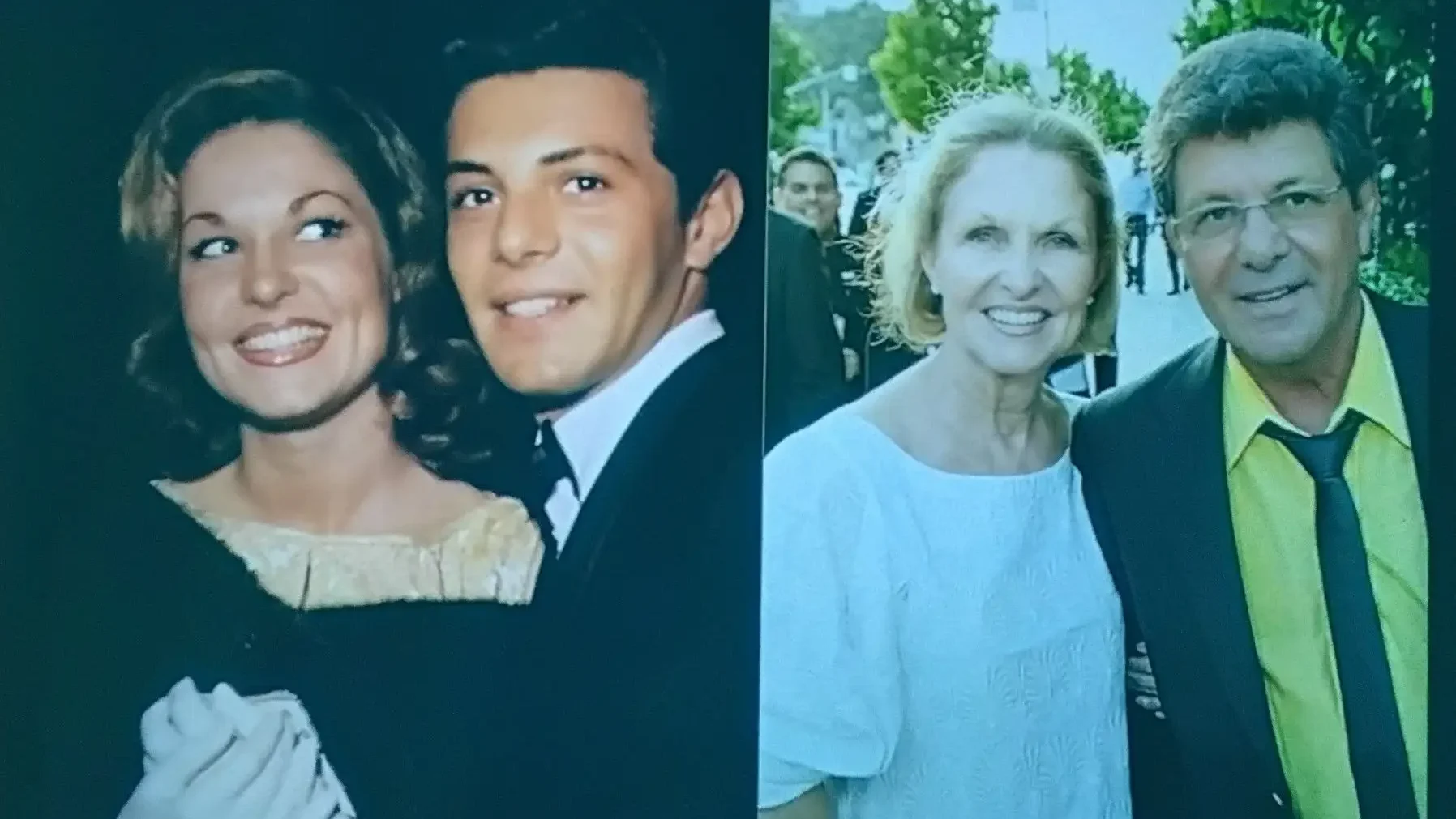A side-by-side image showing a couple at two points in time. On the left, they are young and formally dressed in early 1960s style. On the right, they are older, with gray hair, standing together outdoors in casual clothing. Both images are warm in tone. Then and now — two photographs taken six decades apart, of the same two people. What the camera kept, and what it could not hold.
