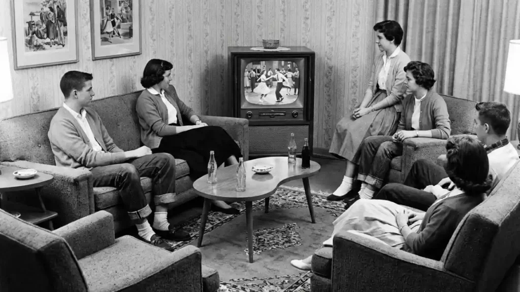 A 1950s living room with teenagers gathered around a television watching a dance program, black-and-white setting with casual seating and mid-century furniture.